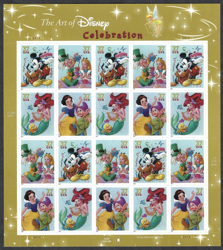 United States #3912-3915 37¢ The Art of Disney (2005).  Mini-sheet of 20. MNH