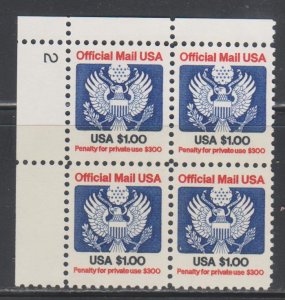 United States,  $1 Official  (SC# O132) MNH PLT # BLOCK