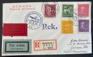 1929 Stockholm Sweden First Night flight Airmail cover To Chicago iL Usa FFC