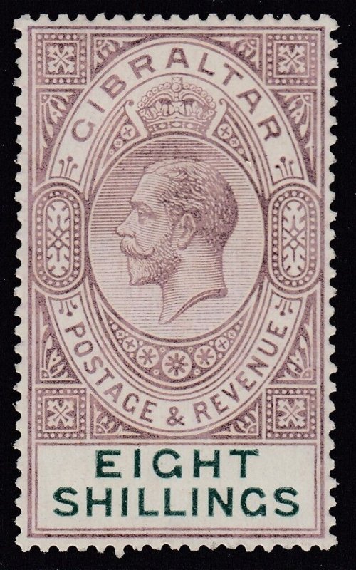 SG 101 Gibraltar 1921-27. 8/- dull purple & green. Lightly mounted mint CAT £175