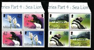 Falkland Is.-Sc#866-7- id12-two unused NH sets in blocks of 4-Sea Lion-Flowers-2