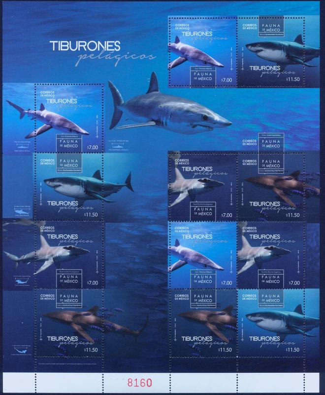 MEXICO 3028, $111.00P PELAGIC SHARKS, CPLT SHEET  MNH