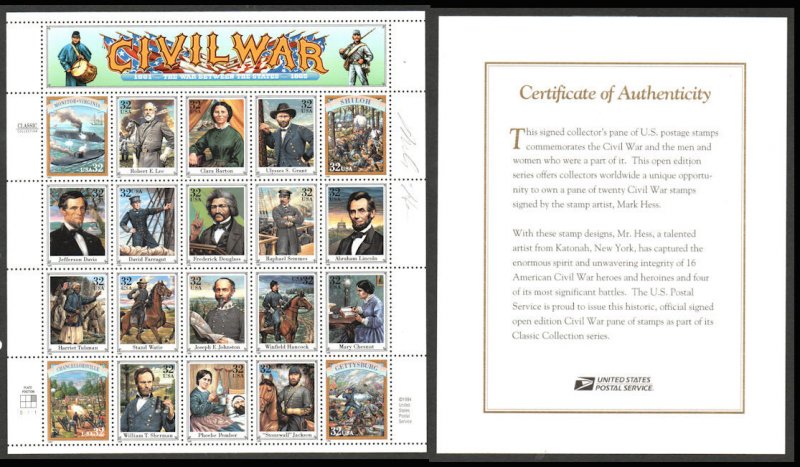 US #2975 SCV $32.50 VF/XF OG NH, Civil War Full Sheet, ARTIST SIGNED, rare!