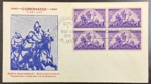 898 Grandy cachet Coronado Expedition 400th Anniversary FDC 1940 w/Block of 4