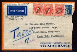 FRANCE/US 1936 POSTAGE DUE 17c PARIS TO MORRISTOWN, TN.