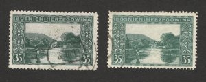 BOSNIA AUSTRIA - TWO USED STAMPS, 35h DIFERENT COLOR - 1906.