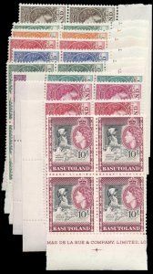 Basutoland #46-56 Cat$483.20, 1954 QEII, complete set in blocks of four, neve...