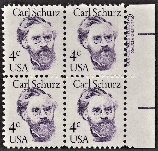 US 1847 MNH VF 4 Cent Carl Schurz Journalist Copyright Block