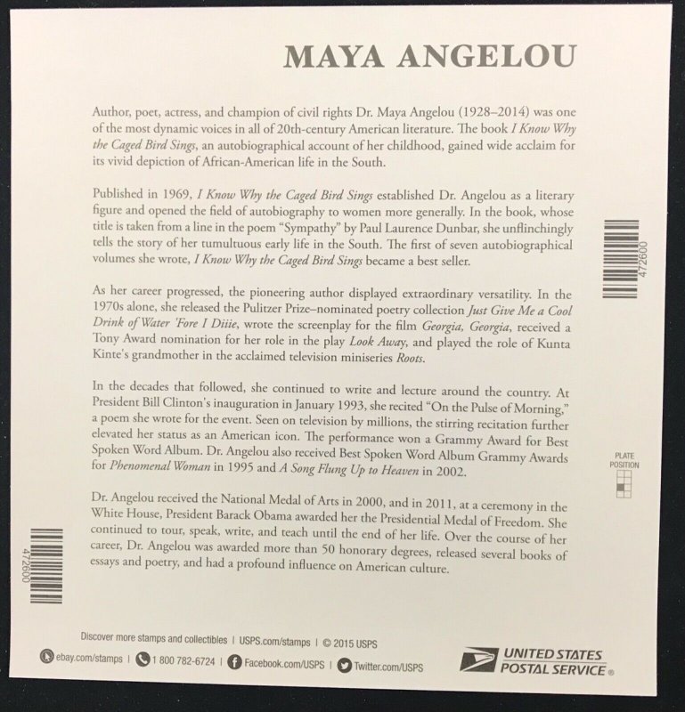 4979    Maya Angelou Poet   MNH Forever sheet of 12    FV $6.60   Issued in 2015
