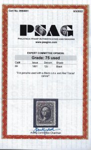 Scott #69 - $130.00 F/VF- Showpiece. – Black town & red cancels; 2022 PSAG Cert