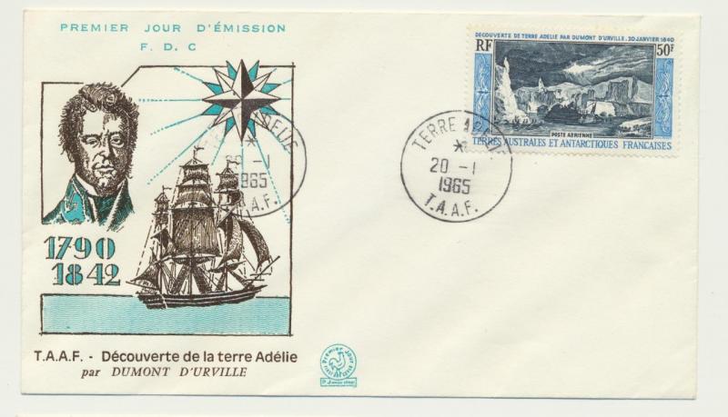 FRENCH SOUTHERN & ANTARCTIC TERR 1965 DISCOVERY ADELIE LAND FDC Sc#C7(SEE BELOW)