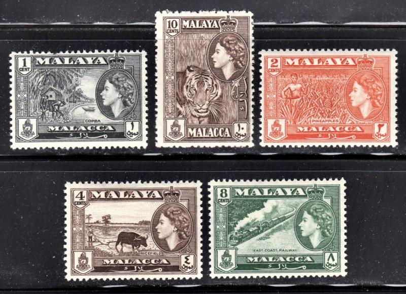 Malaya Malacca Scott 45-47, 49-50  F to VF mint OG H or HR..