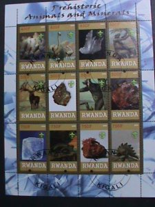 RWANDA-2009- WORLD FAMOUS MINERIALS & PREHISTORY ANIMALS CTO SHEET VERY FINE