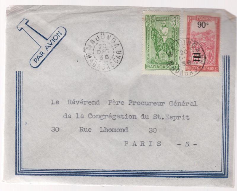 1938 Tananrive Madagascar  Airmail Cover to Paris France