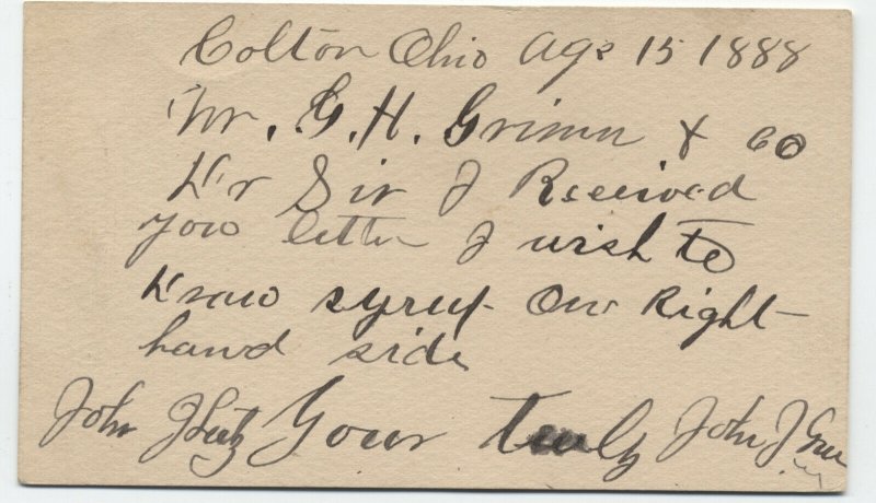 1888 Colton Ohio county name marking on postal card [6029.1743]