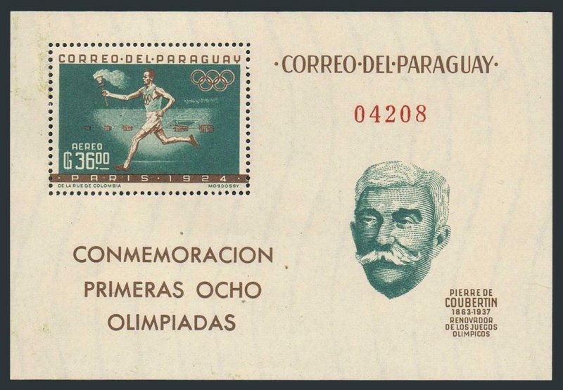 Paraguay 743a, MNH. Michel Bl.34. Olympics Paris-1924. Pierre de Coubertin.1963.