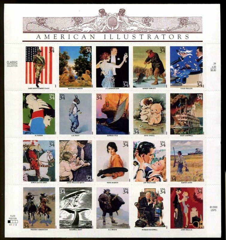 US.#3502 AMERICAN ILLUSTRATORS - PANE OF 20 OGNH - VF - CV$30.75 (E#H393)