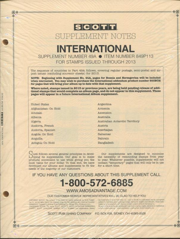 Scott International Postage Stamp Album Supplement #49A 2013  424 PAGES 849P113