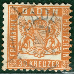 Germany States BADEN Classic High Value Scott.25 30kr Orange Used c$2,250-GOLD88