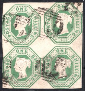 GB QV EMBOSSED SG.55 1s Green (1847) BLOCK OF FOUR Used Numerals Cat £7,000 SS43