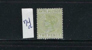 NATAL SCOTT #74A 1887 2 PENCE OLIVE GREEN (DIE A) MINT  HINGED