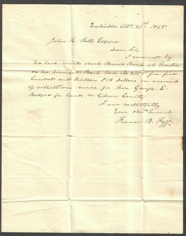 Nashville Aug 25 1849 Letter Signed Francis Fogg Stampless Cover