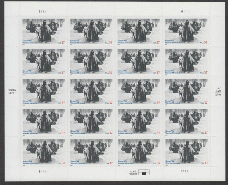 2003  Korean War Veterans Memorial Sc 3803 full MNH 37c sheet of 20 Korea