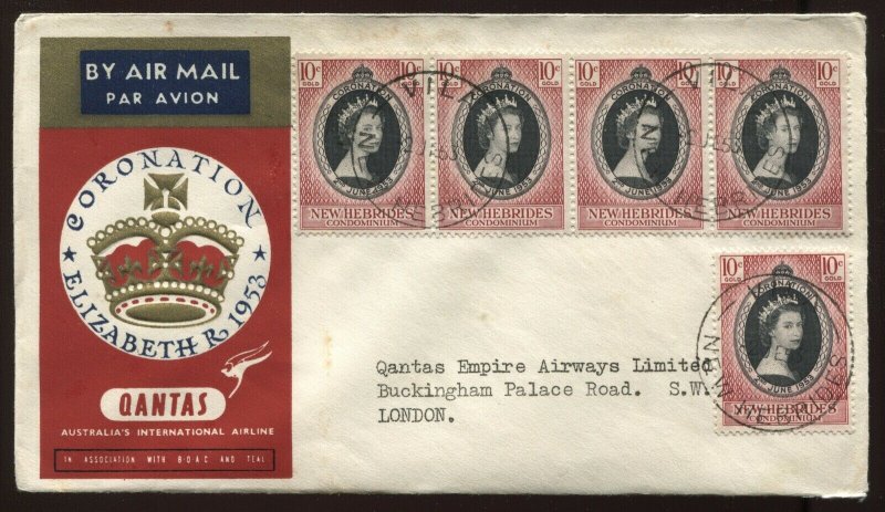 New Hebrides QEII 1953 Coronation cacheted FDC with 5 Coronation stamps