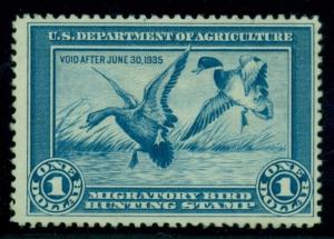 US #RW1 $1.00 Mallards, unused - partial to no gum, F/VF, Scott for no gum $175