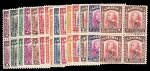 Sarawak #159-173 Cat$89.60, 1947 Overprints, complete set in blocks of four, ...