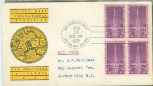 US 852 1939 Golden Gate Exposition block of 4 on an addressed FDC with a linprint cachet