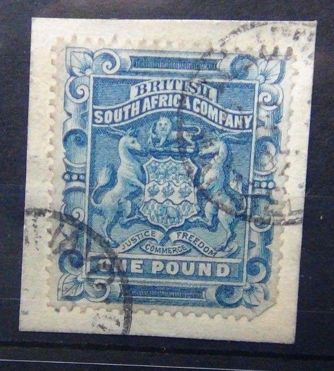 Rhodesia 1892 - 1893 £1 Deep Blue Fine Used on piece SG10