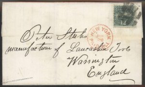 USA 1869 12c Sc117 Ship Pictorial Warrington England New York Paid All 110085