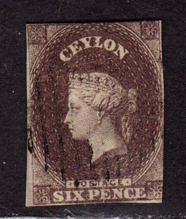 $Ceylon Sc#7 used, fine, lite cancel, good color, imperf, Cv. $450