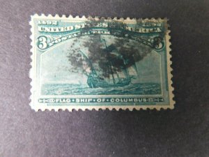 US #232  Used/Fine, 3 cent Columbian Issue, 1893, Flagship of Columbus