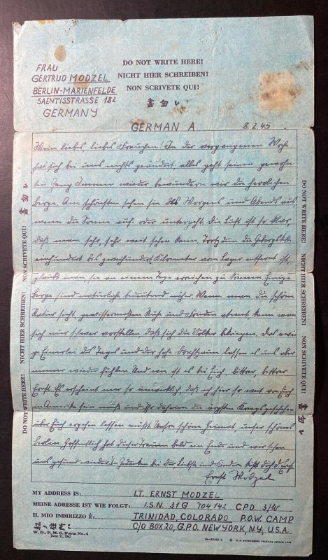 1945 Trinidad CO Camp POW Camp Letter Cover Germany Prisoner of War Ernst Modzel 