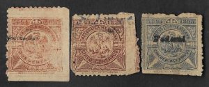 SE)1895 MEXICO, 3 FISCAL STAMPS, COAT OF ARMS 2C, 5C, 50C, USED