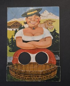 Vintage German Humor Cutout Postcard Bavarian Alps Beer Maid Comic