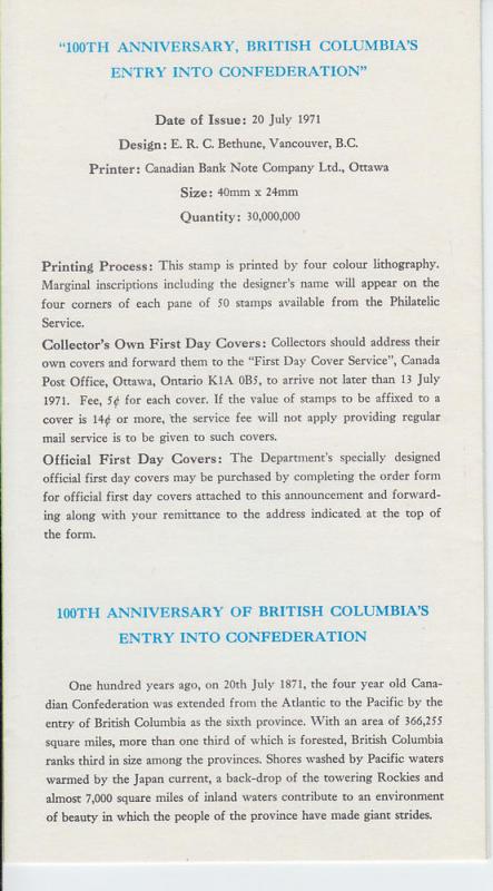 1971 Canada British Columbia enters Confederation (552) FDC