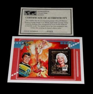 1995, BURKINA FASO, MARILYN MONROE, LIMITED EDITION, GOLD SOUVENIR SHEET, W/COA