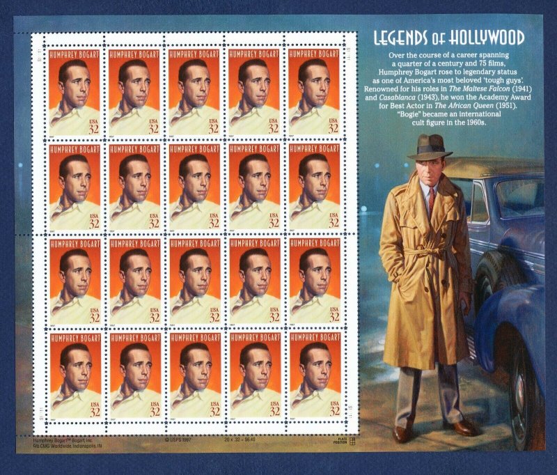 USA  Scott 3152 - VF MNH sheet of 20 x 32ct - Humphrey Bogart Hollywood - 1997