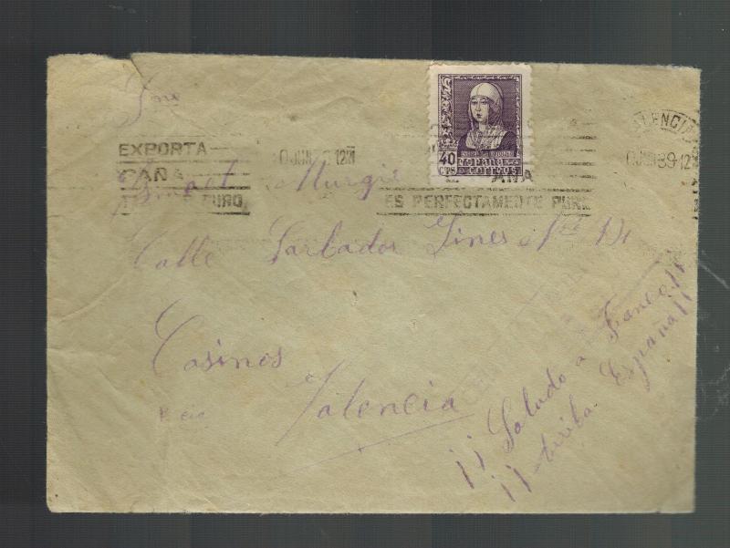 1939 Porta Coeli Spain Cover Concentration camp to Valencia with Letter