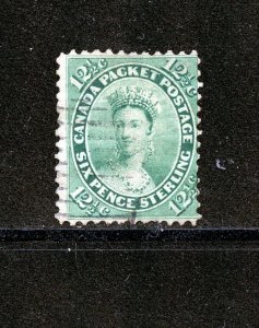 Canada #18 (CA948) Queen Victoria 12 1/2¢ yellow green, perf 12,U,F-VF,CV$150.00