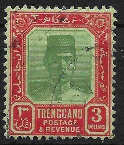 MALAYA TRENGGANU SG24 1921 $3 GREEN & RED ON EMERALD USED (r)