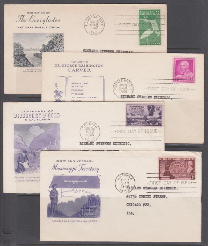 US Sc 952-955  FDC-s, 1947-48  issues, 4 diff, Grimsland cachets, addressed