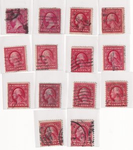 United States 2¢ G. Washington – 14 Used Stamps – Shades, Designs & Cancel Study