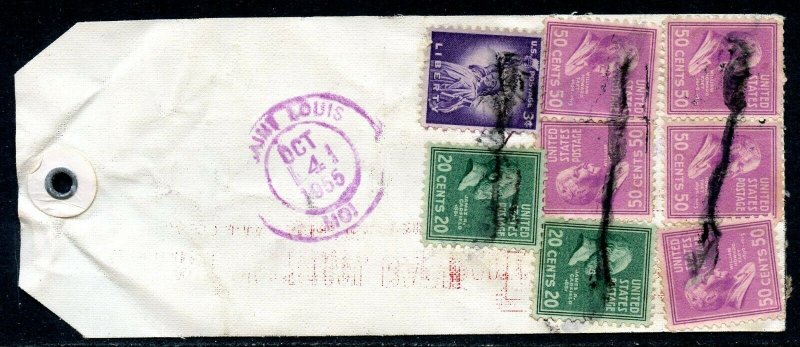 U.S. Scott 831 (5) & 825 (2) Prexies w/Scott 925 On Registered 1955 MO Bank Tag