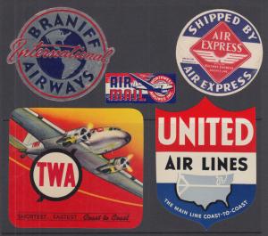 US Airline Labels, gummed, 5 different from the 1950's and 60's