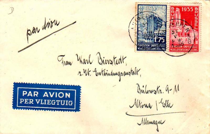 Belgium 1F and 1.75F Brussels 1935 International Exhibition 1935 Antwerpen 3 ...