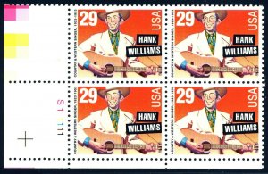 1993 Hank Williams Country Music Plate Block of 4 29c Stamps, Sc# 2723, MNH, OG